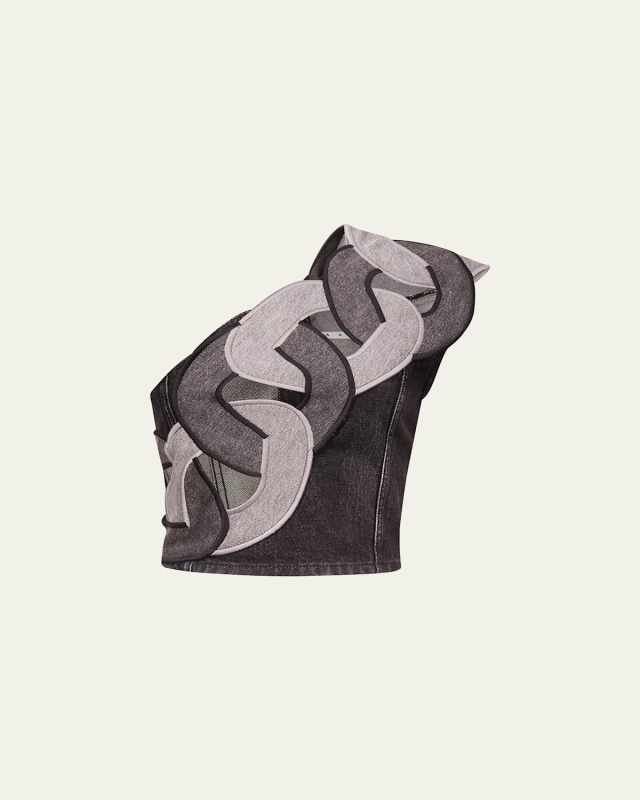 Chain Cutout One-Shoulder Denim Crop Top